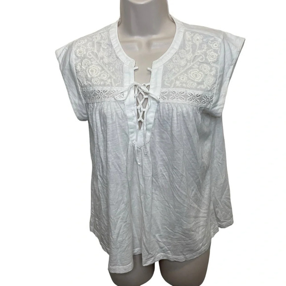 Lucky Brand white boho blouse lace up beaded women’s XS - Picture 1 of 6